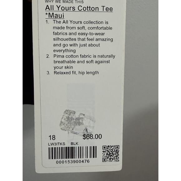 NEW Hawaii Maui Exclusive Lululemon All Yours Cotton Tee Black Size 18 NWT - Picture 2 of 2